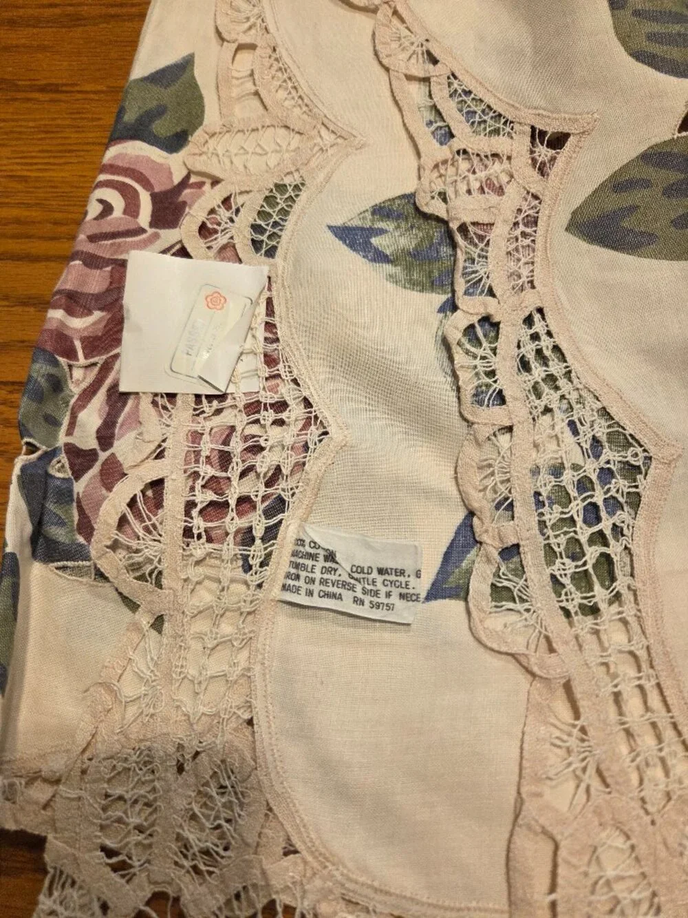 Battenburg Lace Hand Painted Rose Tablecloth 68x120 Ecru Beige with Cutouts, NWT